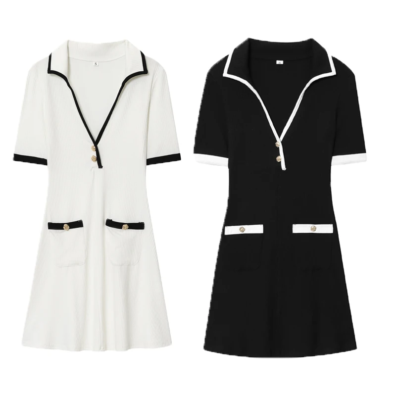 فستان قصير مضلع بأزرار معدنية فساتين صيفية نسائية أنيقة برقبة على شكل حرف v فستان أبيض وأسود مثير للحفلات المسائية