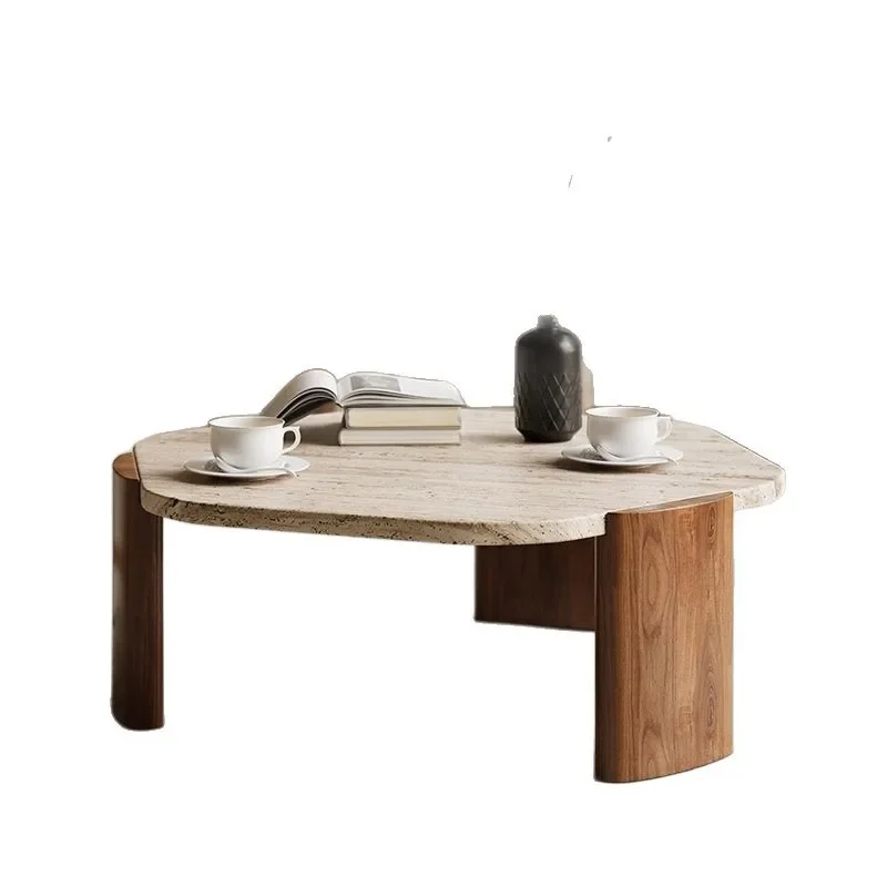 

Solid wood travertine coffee table small tea small apartment living room household round balcony special-shaped marble Internet
