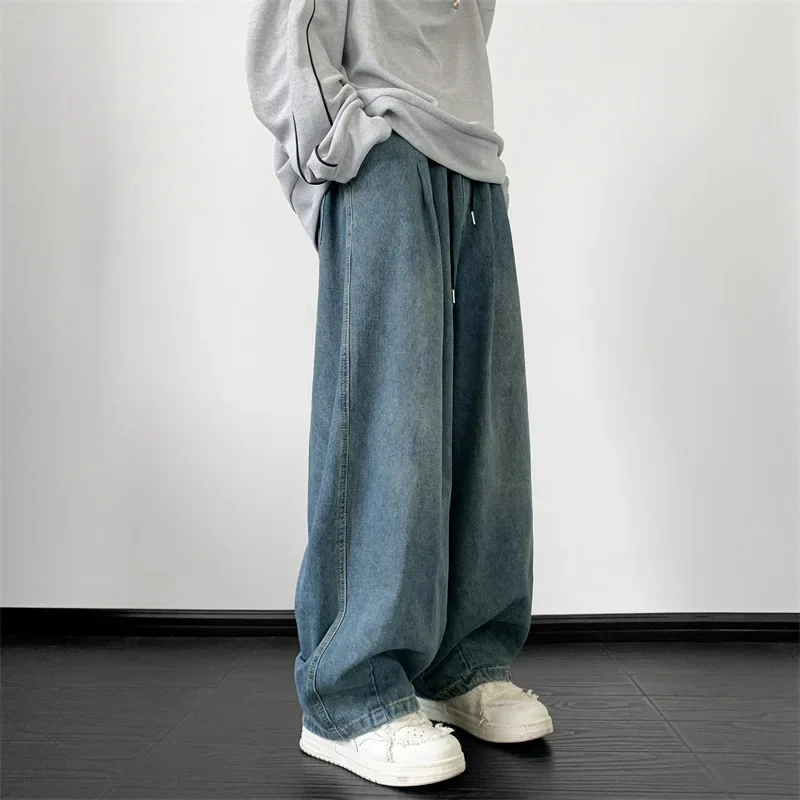 

Denim Pants Women Men Vintage Wide Leg Jeans Loose Mid Waist Drawstring Y2k Streetwear Pockets 2025 Streetwear Straight Trousers