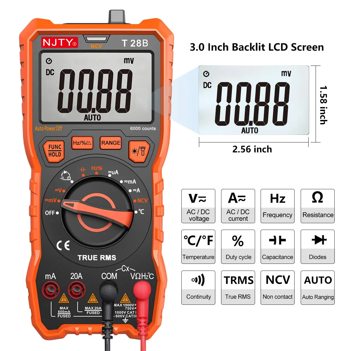 NJTY T28B multimetr cyfrowy 20A TRMS 6000 zliczeń napięcie wzmacniacz diody rezystancji ciągłość cykl pracy pojemność temperatura
