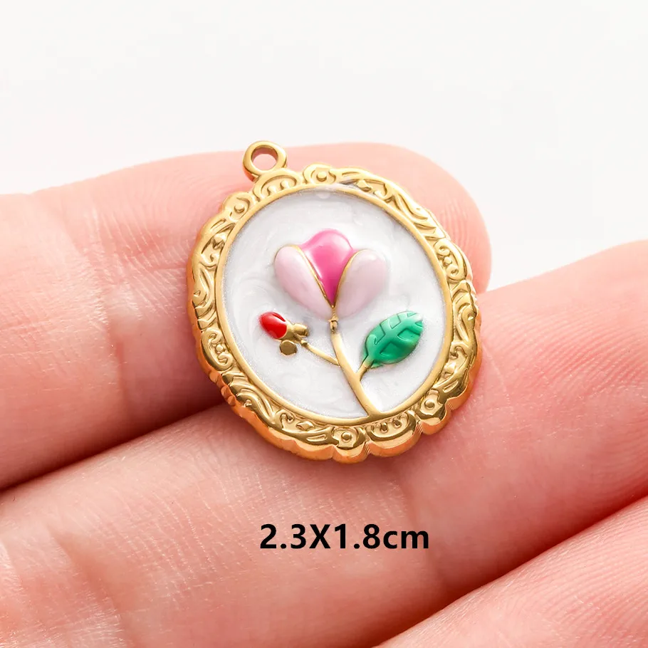 Echte Naturperlen, ovale, unregelmäßige Rosenblüten-Tulpen-Anhänger, bunte Emaille-Charms, Edelstahl-Charms für die Schmuckherstellung, Großhandel. – Detail 7