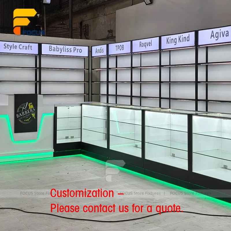 custom.Modern Fixtures LED Glass Display Cabinet Retail Wall Shelving Unit Metal Frame Custom Shop Display Rack Furniture