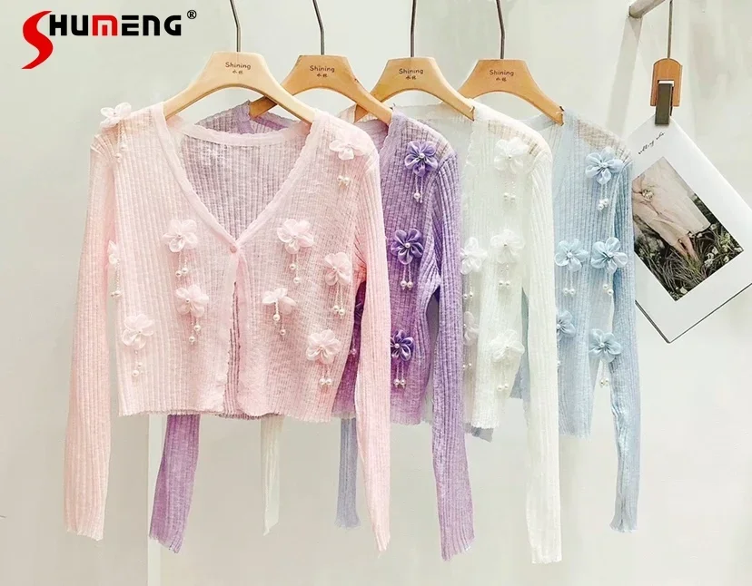 

2024 New Cardigan Sun Protection Shirt Knitted Three-dimensional Flower Long-sleeve Short Top Trendy Feminine Chic Nice Knitwear