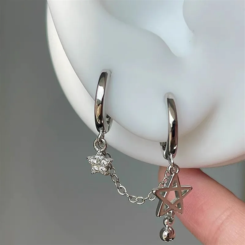Silver Star Chain Double Ear Hole Earrings Stainless Steel Ear Bone Nail Y2K Fashion Jewelry for Women