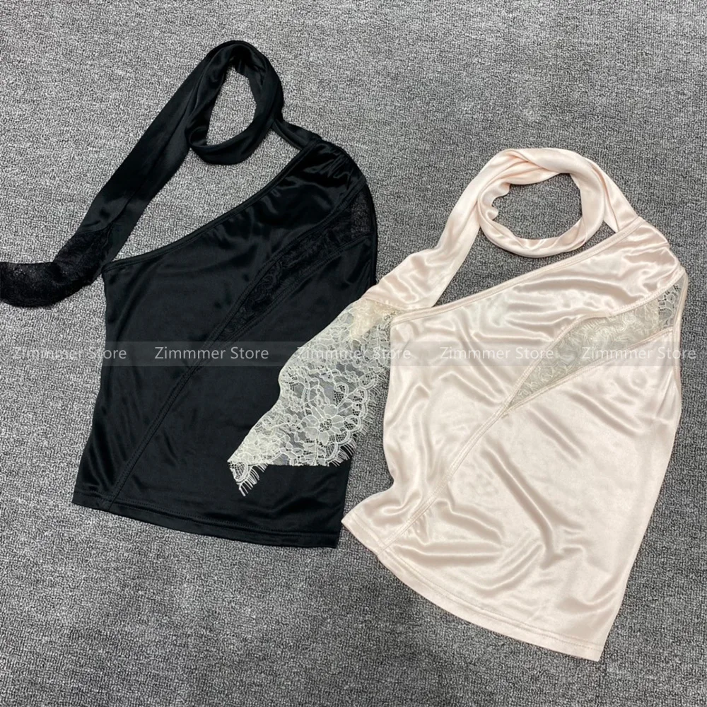 Fashionable and elegant lace splicing straps bib style satin asymmetric strapless slimming pure desire halter tops