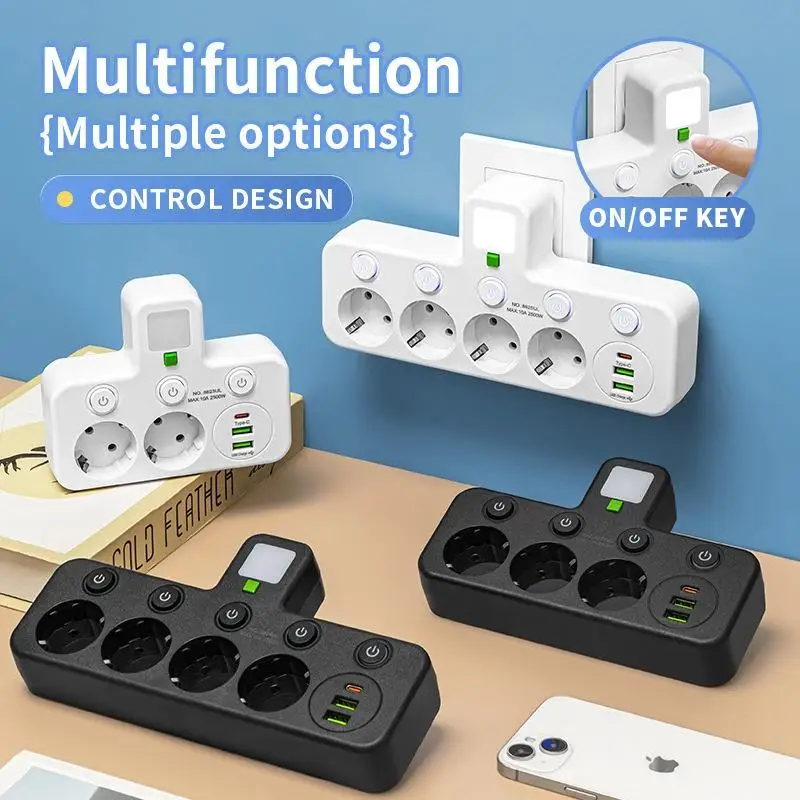 EU Plug Power Strip With Switch & Night Light, AC Outlets + USB + Type-C Port, Household Power Distribution Socket
