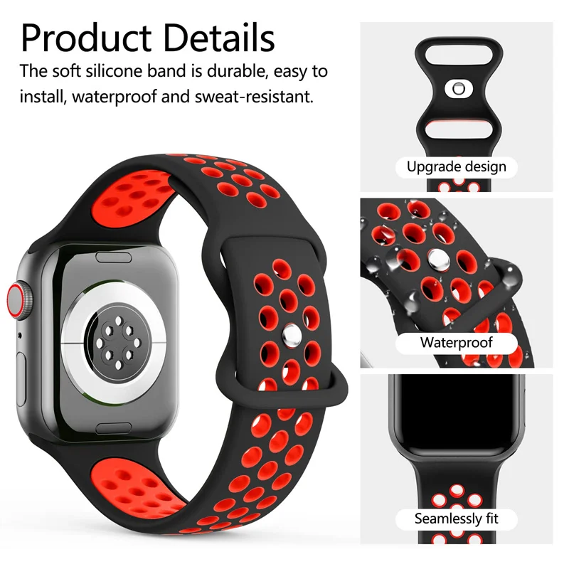حزام رياضي لساعة أبل 42 ملم 44 ملم 40 ملم 41 ملم 45 ملم سوار سيليكون بفتحة هوائية iWatch Series 9/8/7 6 SE 5 Ultra 2 49 ملم