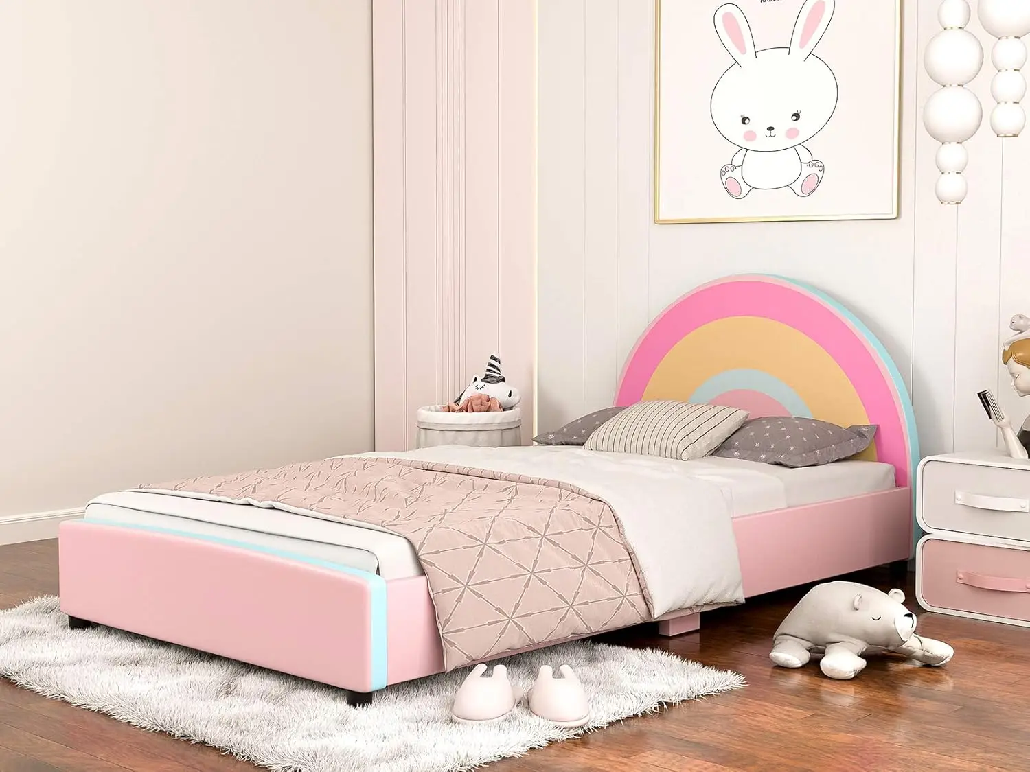 Twin Bed Frames Voor Kinderen, Prinses Gestoffeerde Meisjes Twin Platform Bed Met Regenboog Hoofdeinde, Massief Houten Latten, Geen Boxspring N