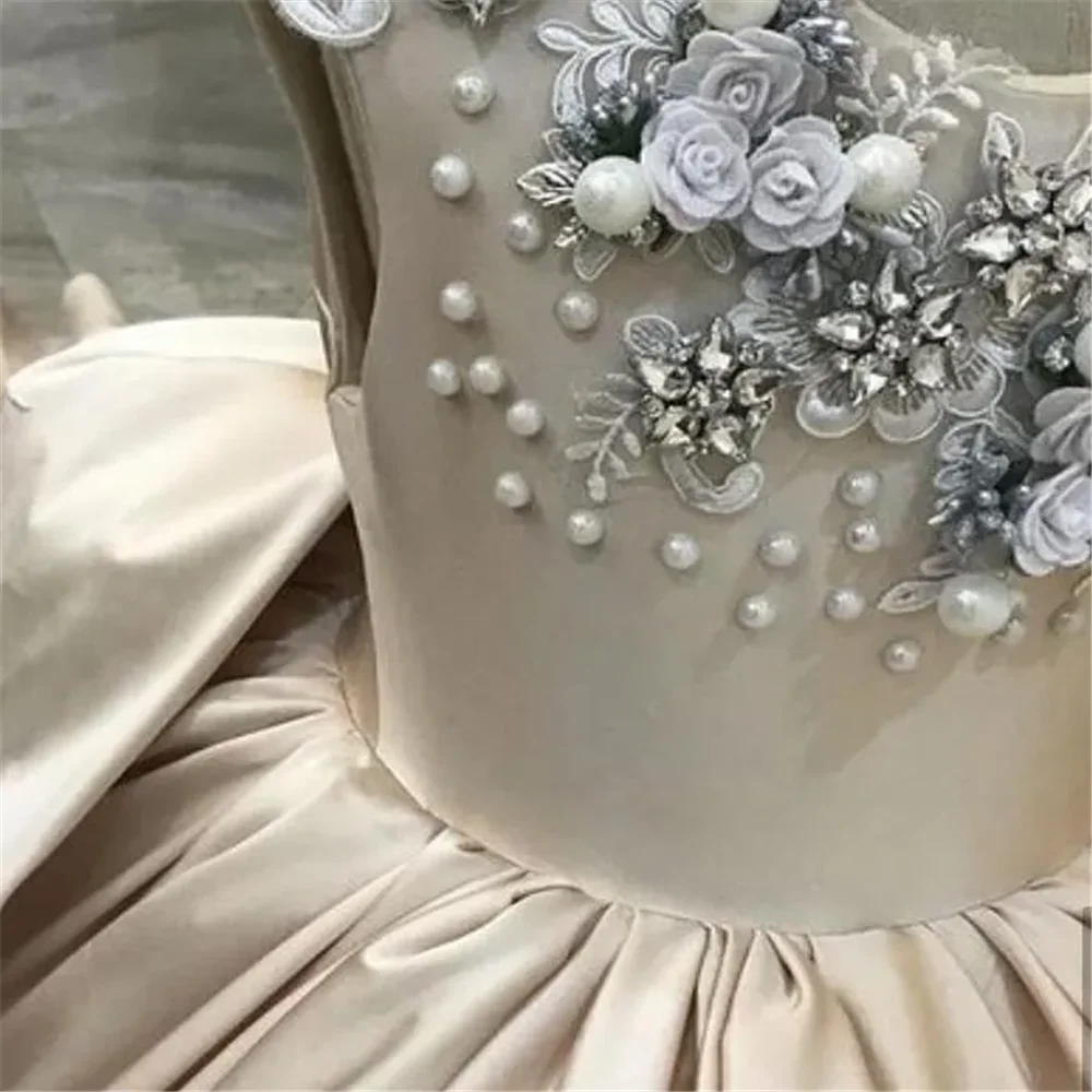 Vestido de satén con perlas de encaje champán para niña, vestido de flores con Espalda descubierta, tul elegante a la moda, vestido de boda para desfile de cumpleaños para niños