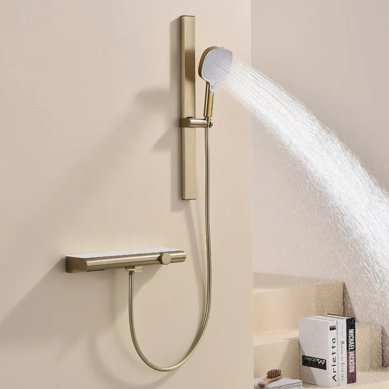 Household bathroom hot and cold button storage table All copper liftable multi-functional rain shower set