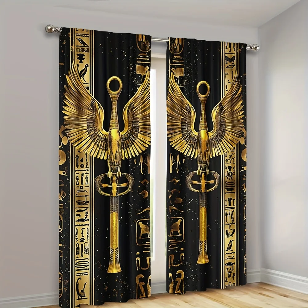 2pcs Egyptian Ankh Winged Symbol Curtains Black Gold Hieroglyphs Ancient Mythology Living Room Bedroom Home Decor Window Drapes