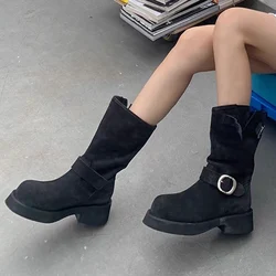 Suede Platform Mid-calf Women Chelsea Boots Designer Chunky Mid Heels Shoes Retro 2024 Winter Motorcycle Boots Goth Zapatos Lady