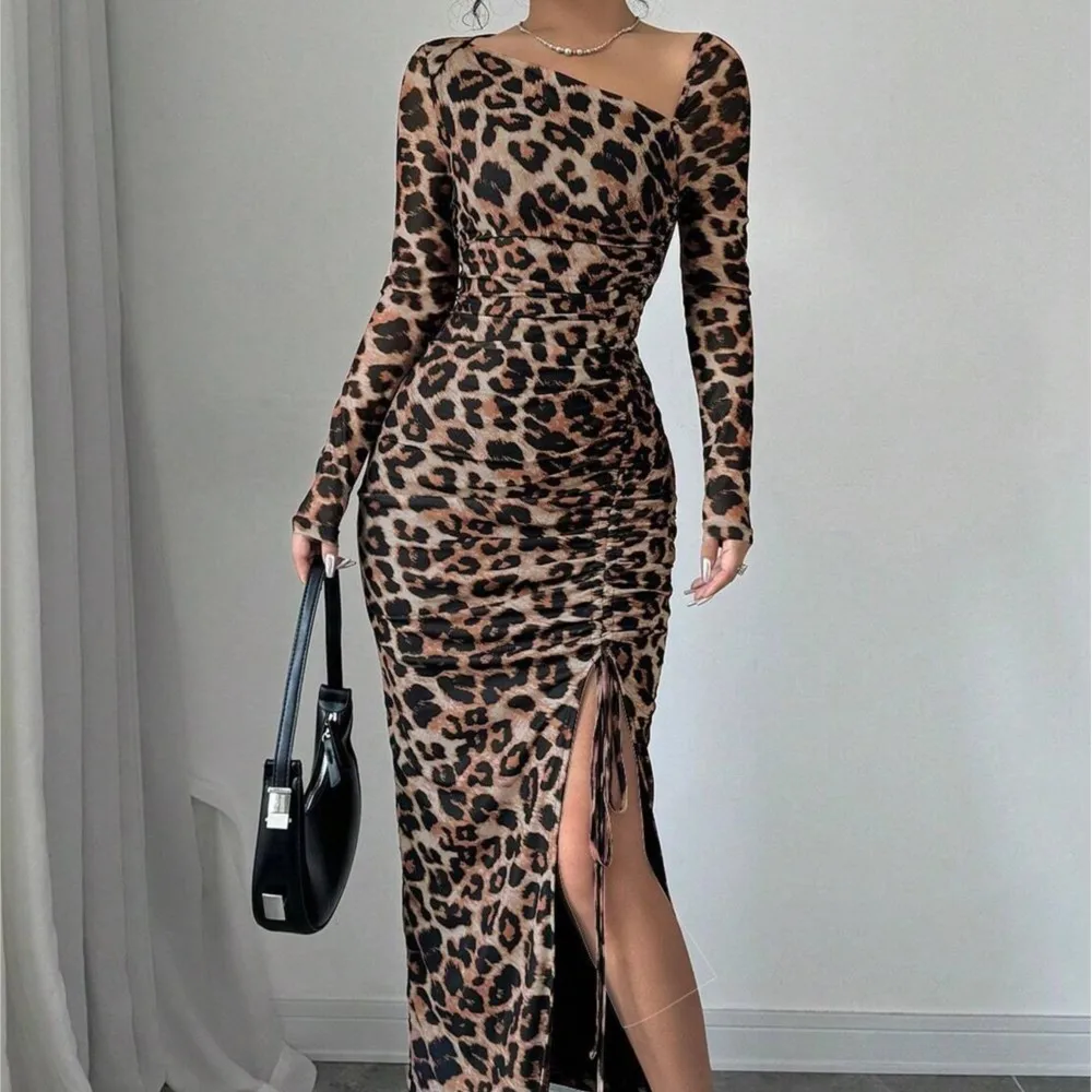 Autumn And Winter Women's New Fashion Leopard Print Long Sleeve Sexy Split Drawstring Slimming Casual Slant Neck Long Dress