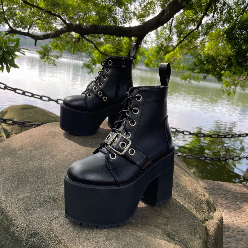 Chunky Heel High Heel Waterproof Platform Boots Women Winter Ankle Boots Leather PU Side Zip Belt Buckle Design Boots for Women