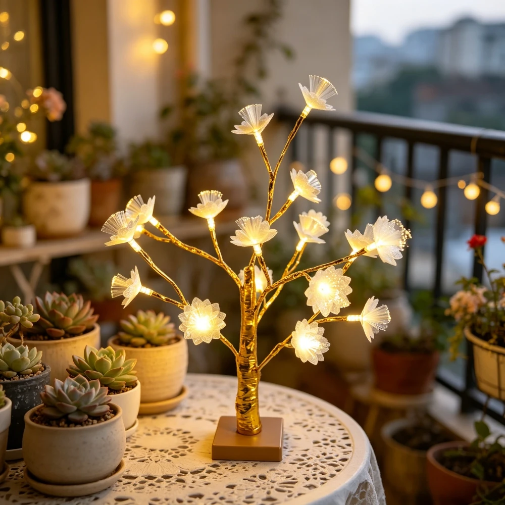 Golden Birch Tree LED Table Lamp with  Double Layer Fiber Optic Lotus Flower, Floral Desktop Light for Bedroom Table Home Decor