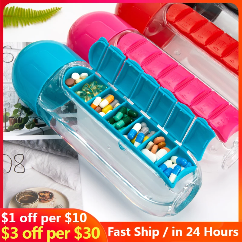 Garrafa De Bebida De Plástico com Pillbox, Drug Organizer Garrafa De Água, Medicine Pills Box, Travel Drinking Container, 7 Dias, 600ml