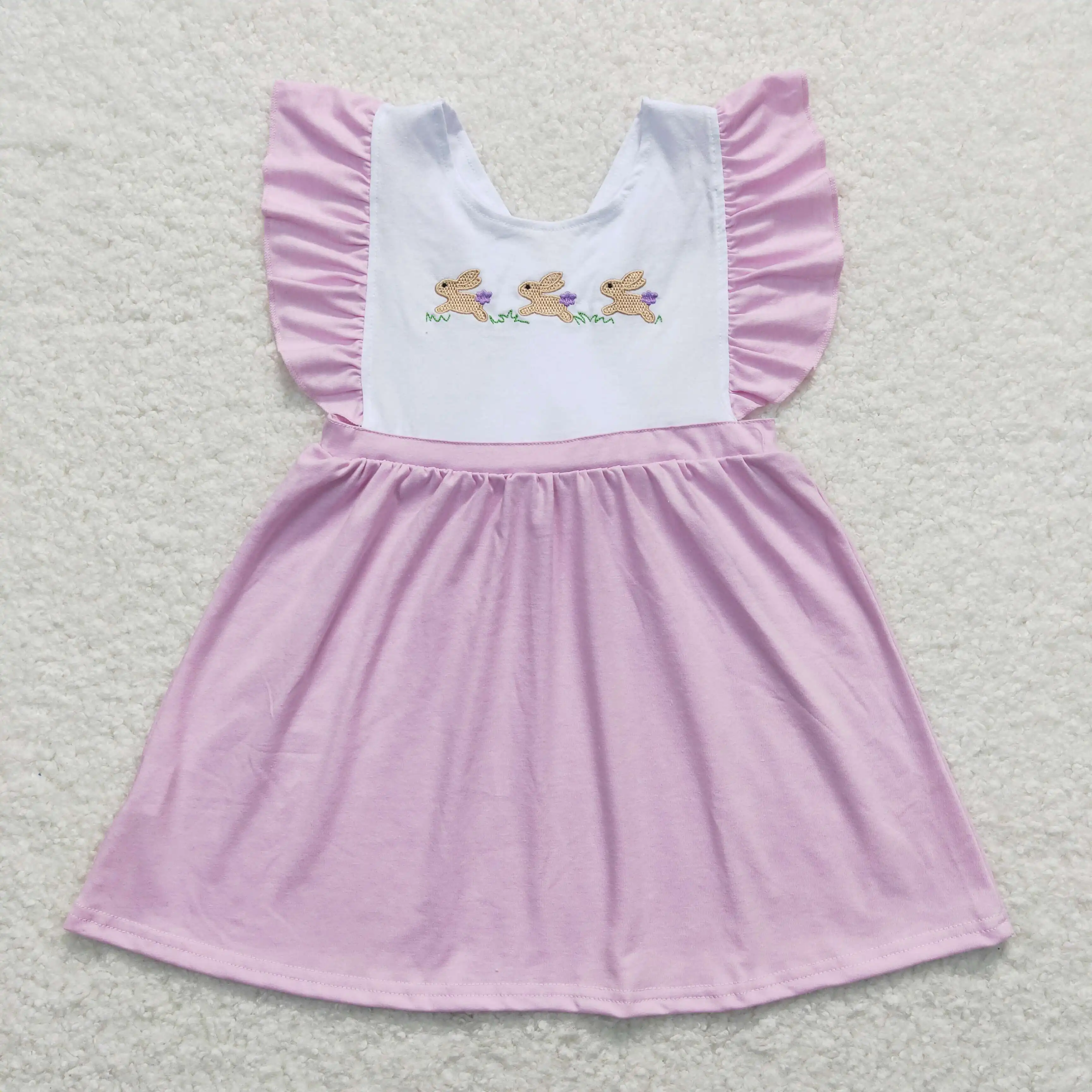 

wholesale western boutique skirt hot sale baby girls clothes Embroidered purple and white flysleeve dress with three rabbits bow