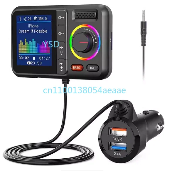 

Color screen car Bluetooth MP3 player, hands-free call, card-playing, car FM transmitter, with bass and treble equalizer.