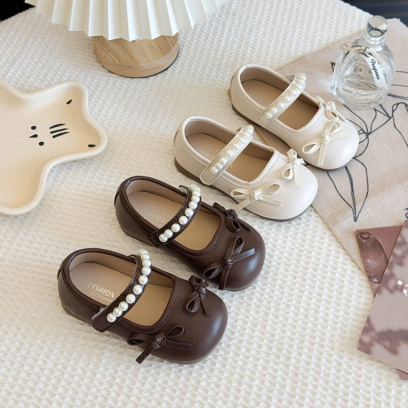 

Spring Girl's Princess Shoes Pearl Bowknot Cute Chic Kid's Flat Shoe Solid Colors Lovely Anti-slip Charming Children Shoes 4-6Y