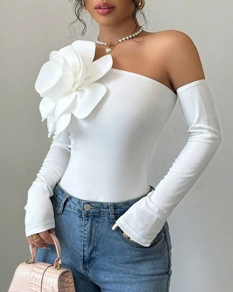 Women's Elegant Shirt 2025 Autumn winter Latest 3D Large Flower Single Shoulder Long Sleeve Top Urban Solid Color Tight Blouses