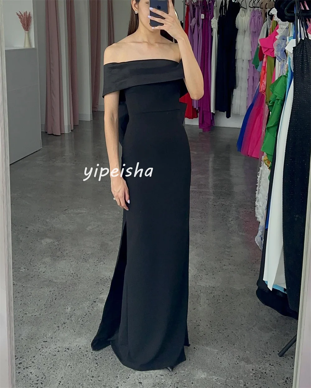 Customized Fashion Sizes Available Jersey Pleat Bow Straight Off-the-shoulder Long Dresses Cocktail Dresses Matching High Qualit