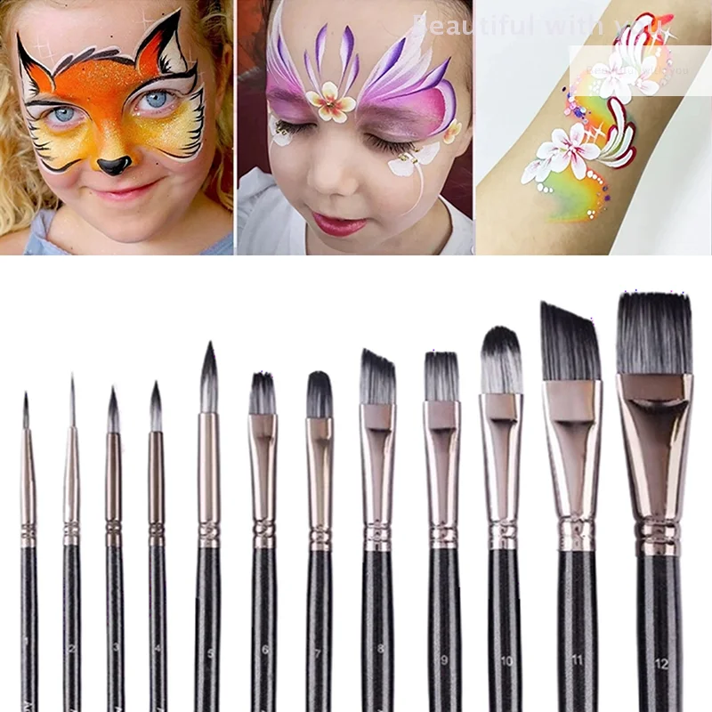 

12Pcs Wooden Poles Nylon Hair Face Painting Body Painting Brushes Oil Painting Acrylic Watercolor Painting Pen Set