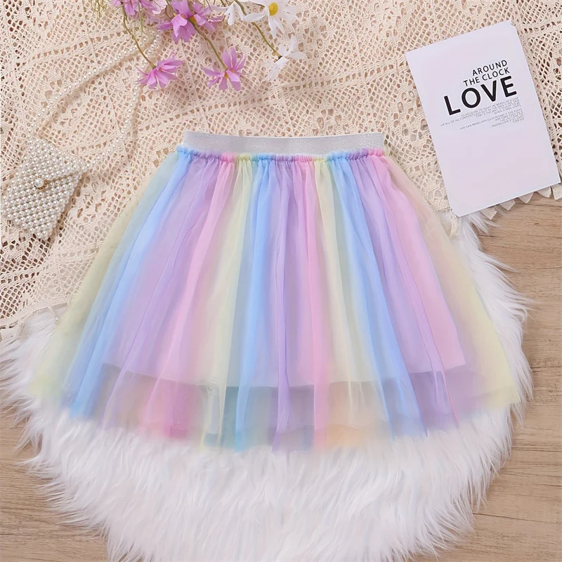 Girls Rainbow Tulle Skirt Layered Gradient Tutu Skirts For Birthday Dance Festive Costume Children Casual Cloths