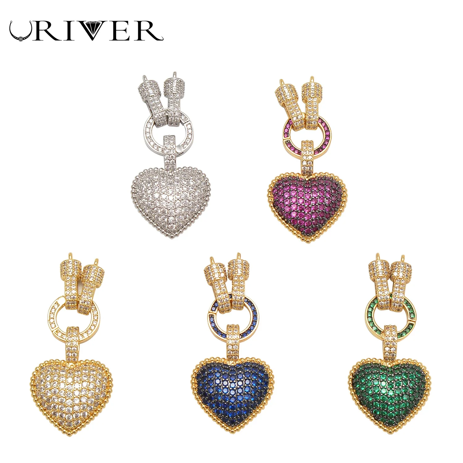 DIY Necklace Making Supplies Paved Artificial Stone Zircon Heart-Shaped Color Pendant Connector Clasp Chain Bracelet Accessories