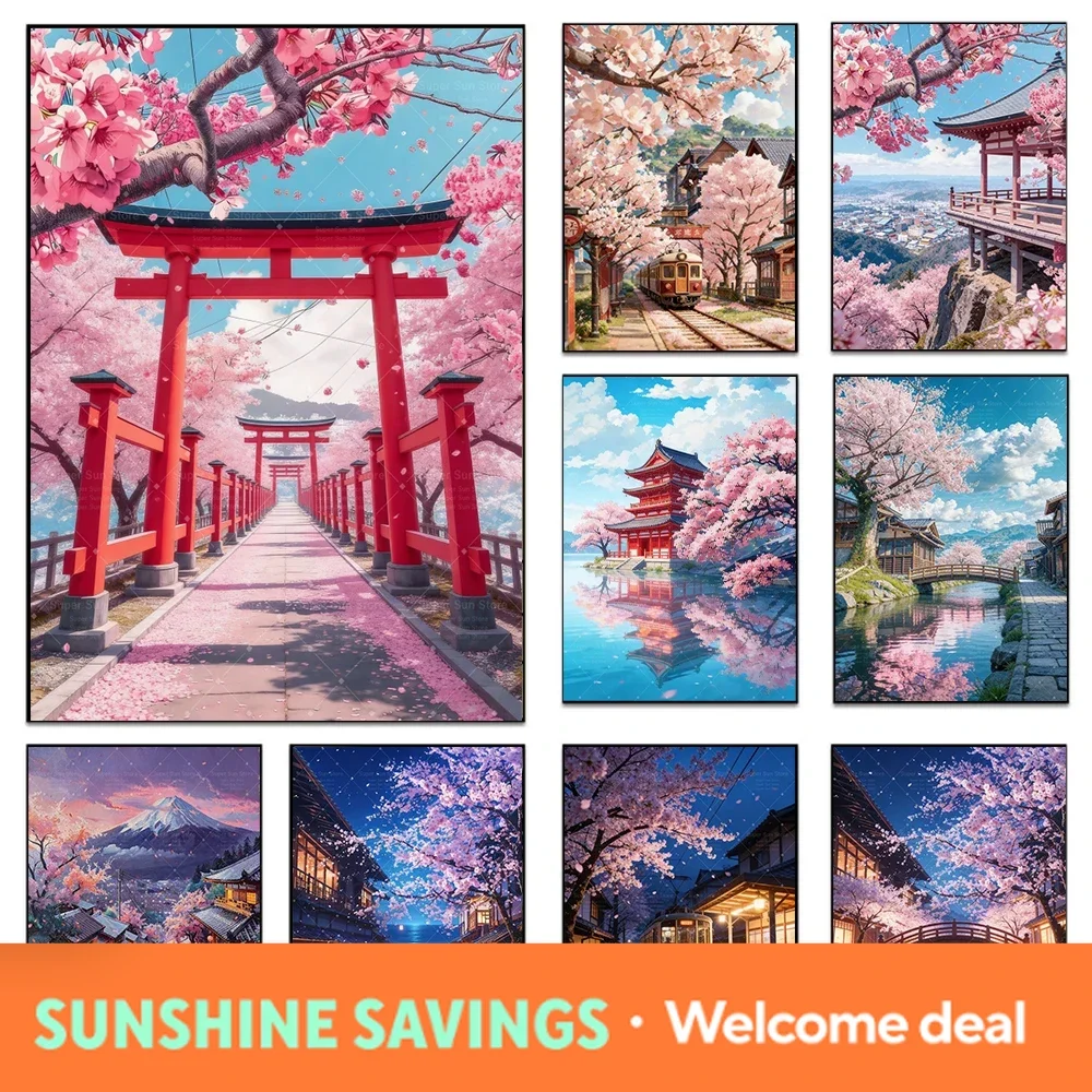 Japanese Cherry Blossom Village Poster Print Mount Fuji Pink Flowers Sakura Tree Street Pathway Canvas Painting Wall Art Deco