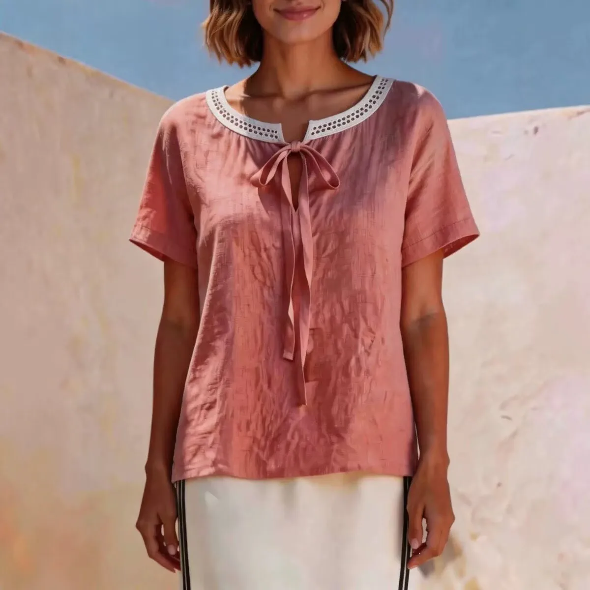 Elegant Patchwork Women Blouse 2026 New Summer O-Neck Tie Detail T-Shirt Chic Slim Fit Casual Tops Lady Office Wear Tops