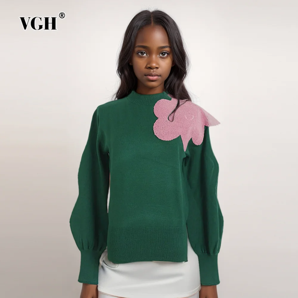 VGH Hit Color Hollow Out Casual Knitting Sweaters For Women Round Neck Lantern Sleeve Loose Sweaters Female Fashion Style New