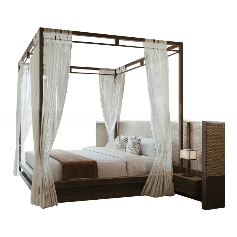 

Ash wood shelf bed mo dern designer simple pillar b ed rattan be d vil la sol id wo od