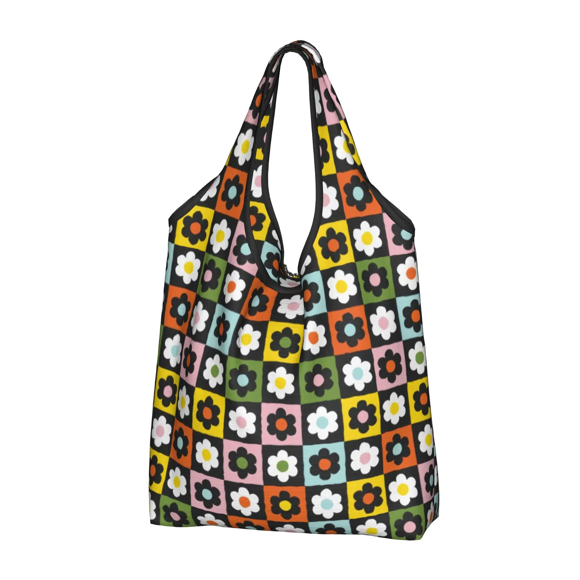 Kawaii Printing Daisy Flowers Checkered Plaid  Tote Shopping Bag Portable Shoulder Shopper Multicolor Black Handbag