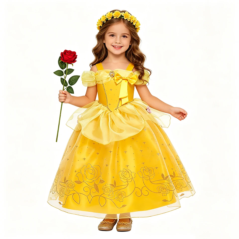 Hot Beauty Beast Themed Princess Belle Fancy Girl Dress Halloween Carnival Cosplay Party Kids Clothes Pageant Children's Costume