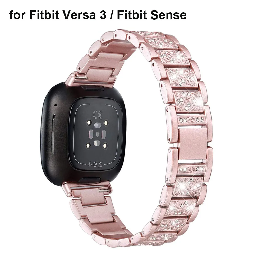 Metal Pink Bling Bracelet For Fitbit Sense 2/ Versa 3 Band Watch Strap Replacement Bling Watchband For Fitbit Versa 4 Sense Band