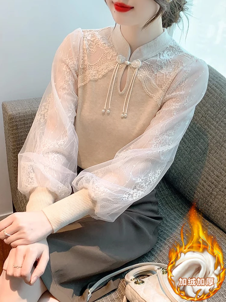 Chinese style button up shirt for women in autumn  plush and thickened high-end tern-style inner layer lace knit bottom shirt