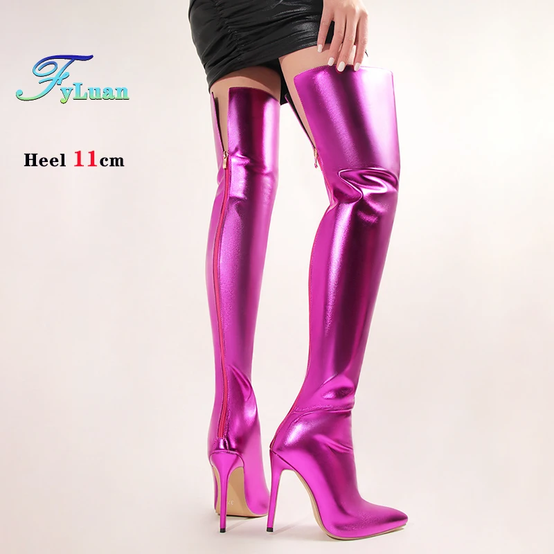 

Over-the-Knee Pointed Long Boots For Ladies 11CM Back Zip Nightclub Glossy Patent leather Thigh High Sexy Women Thin Heel Shoes