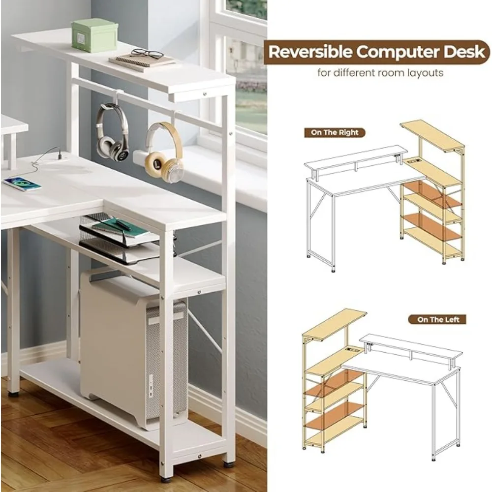 Seventable Gaming Desk with Power Outlet and LED Light, Reversible Small Desk with Monitor Stand,4 Tiers Shelves and Hooks,39\