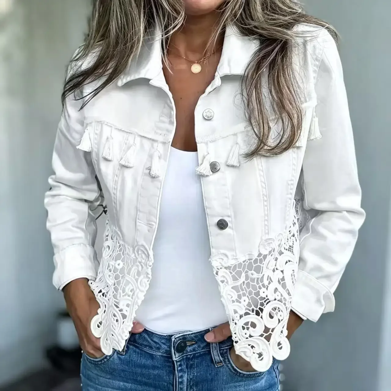 Women Denim Coats Tassel Hollow Out Splice Turn Down Collar Jackets Single Breasted Full Sleeve Y2k Streetwear Work Casual