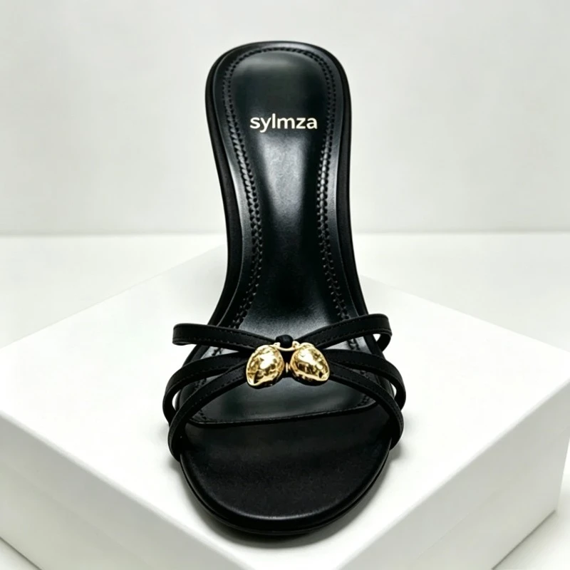 

Metal Decoration Sexy Heels for Ladies Cross Tied Narrow Band Designer Sandals Black Satin Elegant Thin Heels Slippers Women