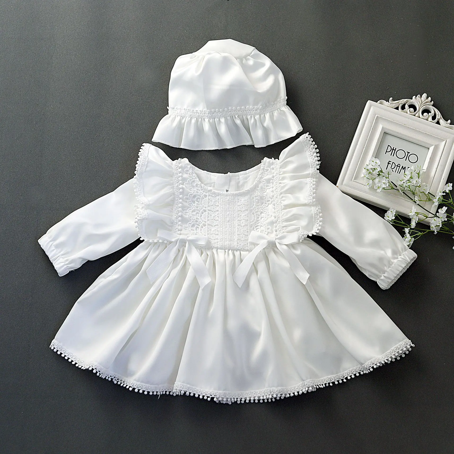 Long Sleeve Baby Baptism Dress 0 to 24 Months Girl Birthday Dresses Newborn Girls Lolita Clothes with Hat