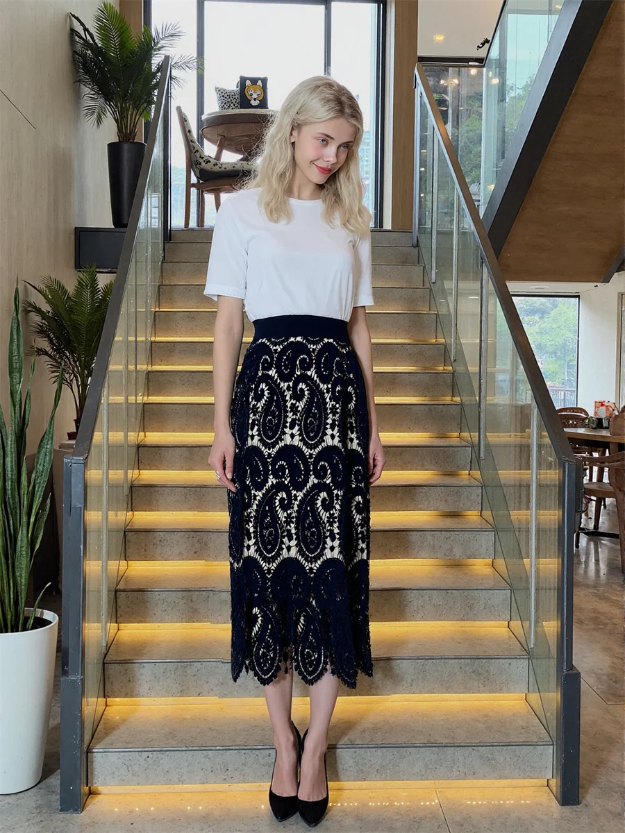 

Midi Lace Vintage Skirts Womens Applique Layered Pleated Waist Modern Chic Elegant College Trend Spring Artistic Feminina