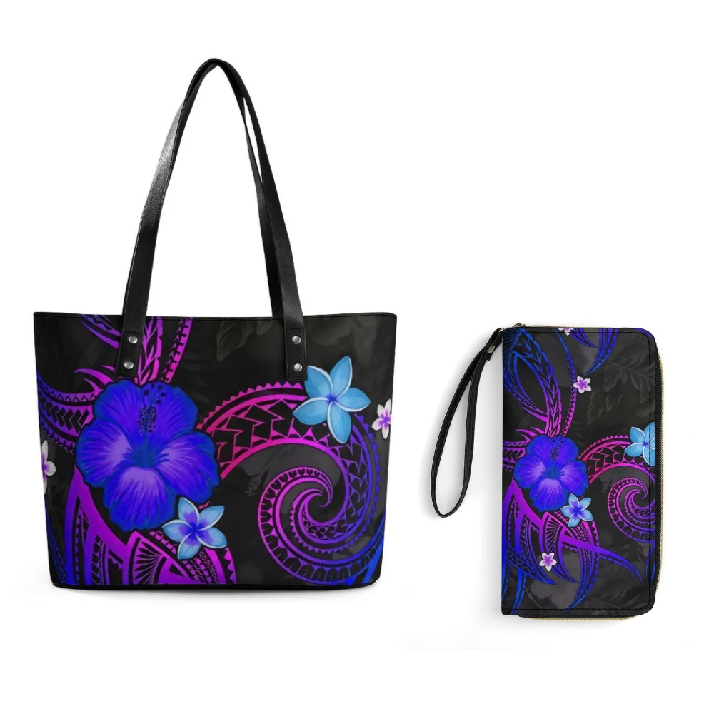 

Polynesian Women's Single-Shoulder Bag And Wallet Set With Flower Pattern Printing And Customizable Designs