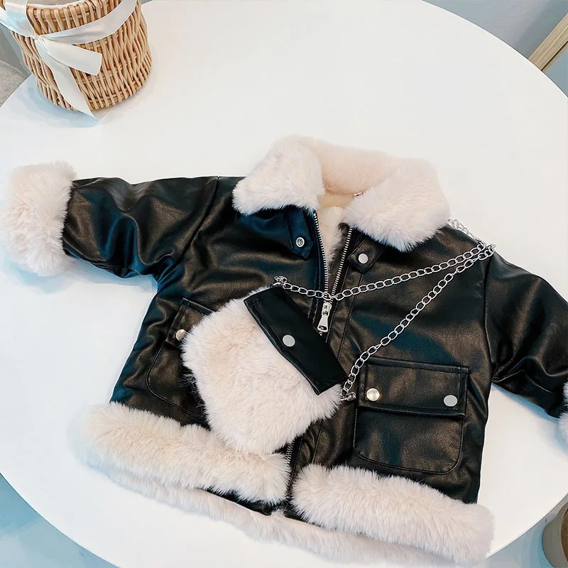 

Fashion Baby Girl Boy Warm Winter PU Leather Jacket Child Faux Fur In One Coat Thick Chaqueta Outwear Warm Baby Clothes 1-7Y