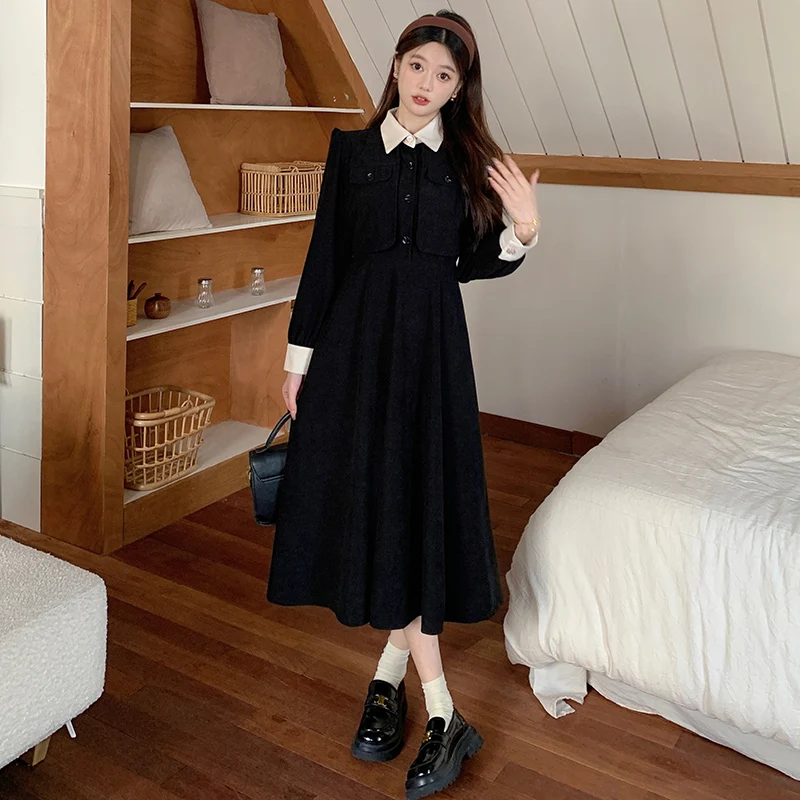 korean fake two pieces thicken casual slim Ladies black dresses autumn Long Sleeve corduroy maxi Dress Women vestidos de mujer