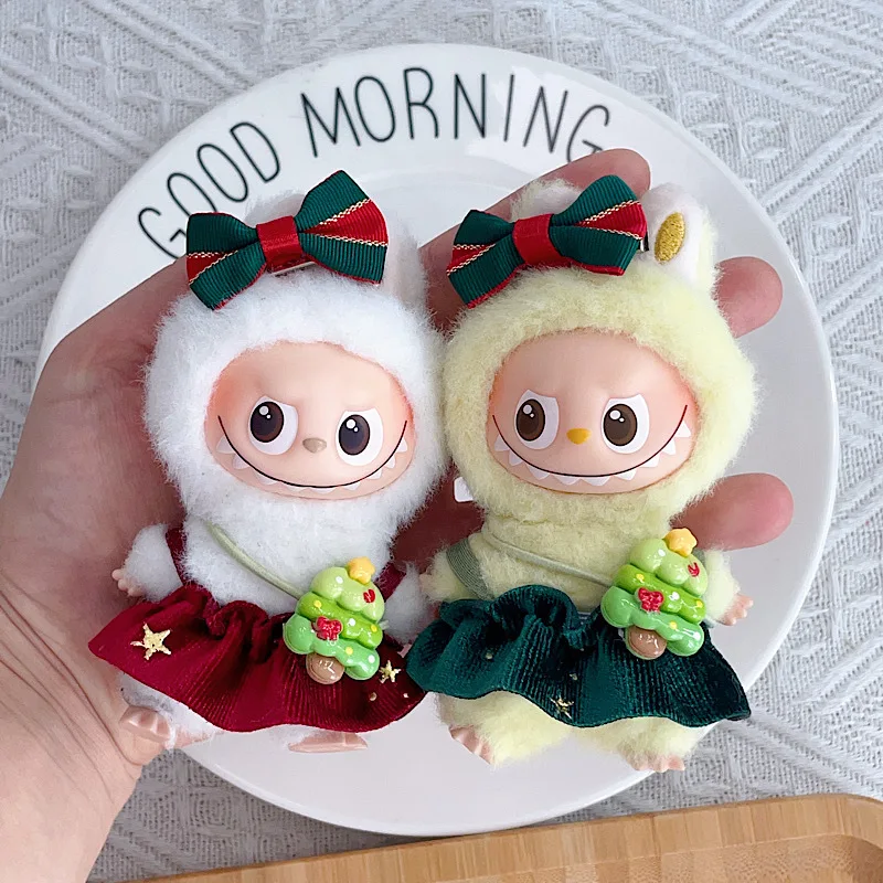 

New Clothes For 10cm Mini Labubu 4.0 Gen Christmas/New Year Theme Plaid Suspender Skirt With Bow/Bell Hair Accessory