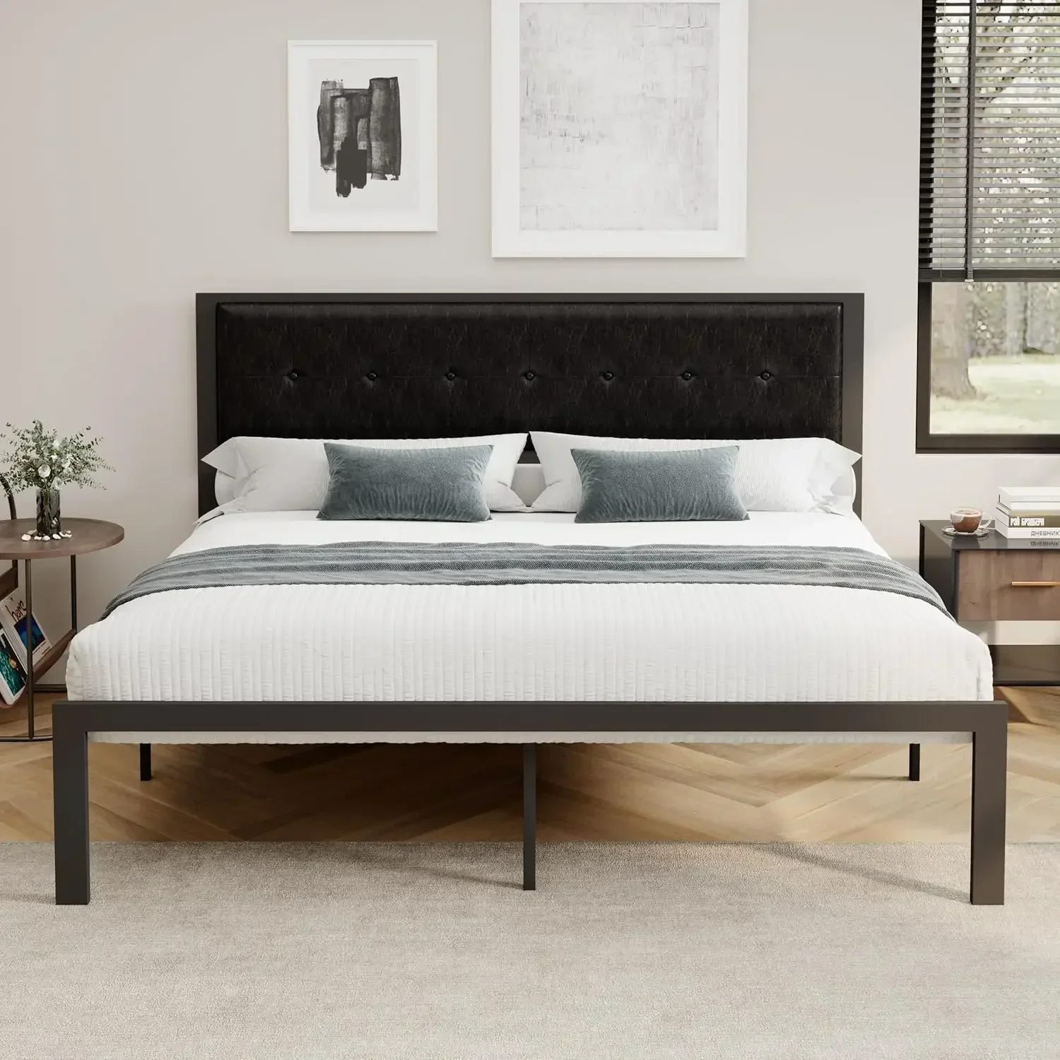 King Size Bed Frames with Faux Leather Headboard for Kids, Platform Bed Frame with 12.4” Underbed Storage, No Box Spring Needed,