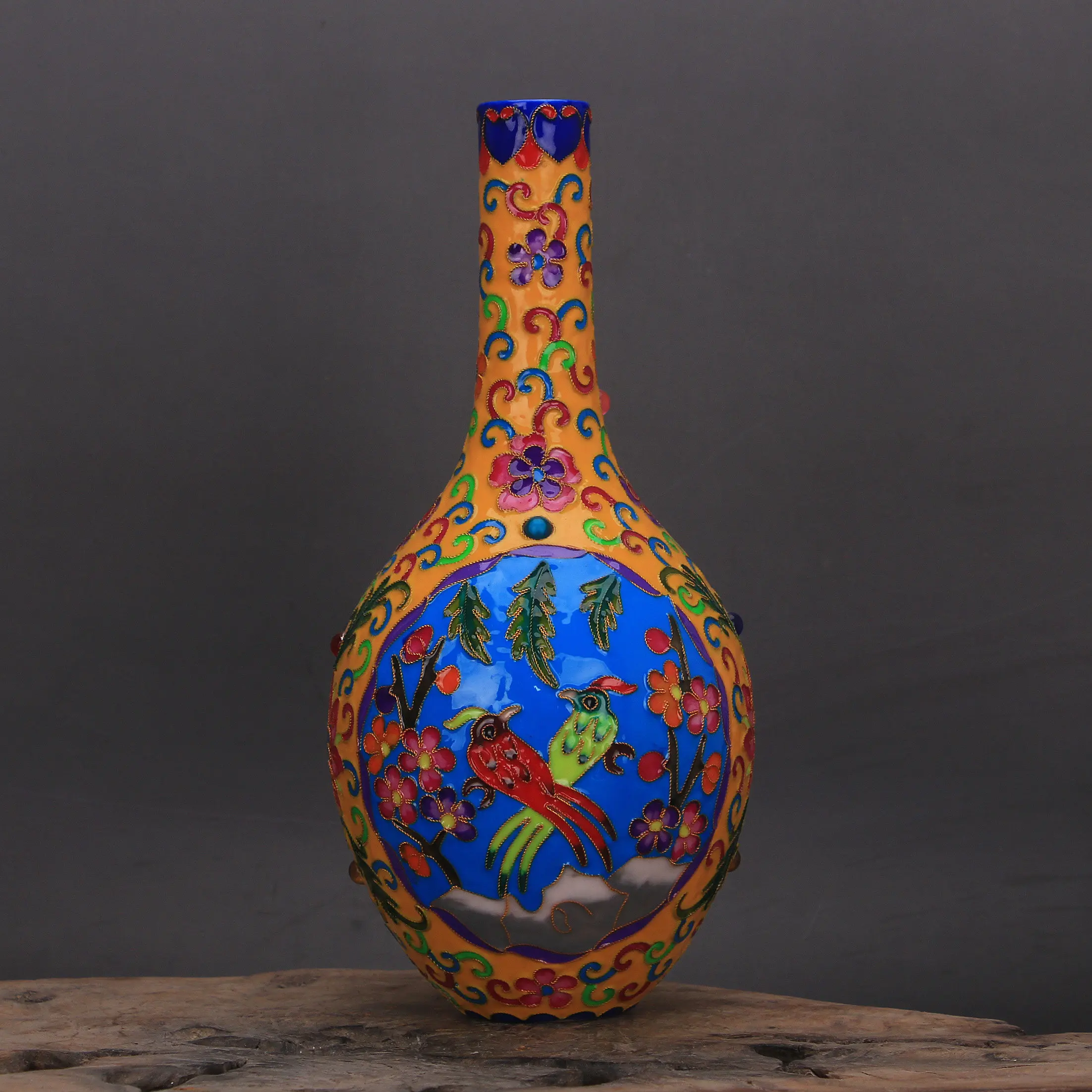 Ming Chenghua Style Cloisonne Enamel Painted Flower Bird Openwork Vase Antique Porcelain Home Decor Ornament