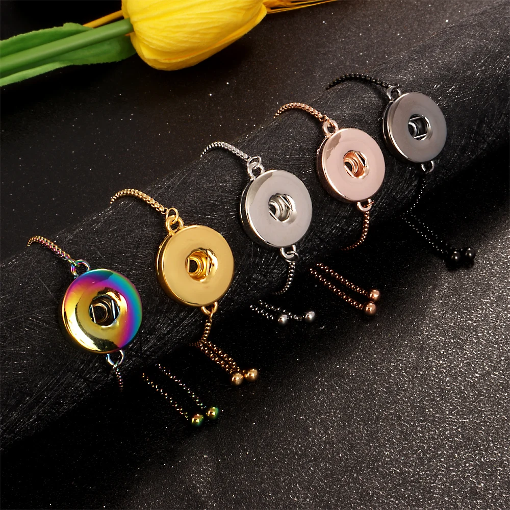 Adjustable Black Golden Laser Stainless Steel Chain Link 058 Bangle 18mm Snap Button Bracelet Charm Jewelry For Women Men Gift