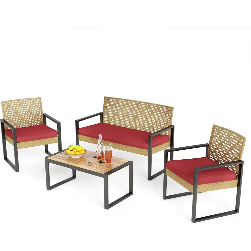 

Patio Wicker Furniture Set for 4, Yellow Rattan Loveseat & Chairs with Red Cushions & Acacia Wood Coffee Table, Outdoor Modern